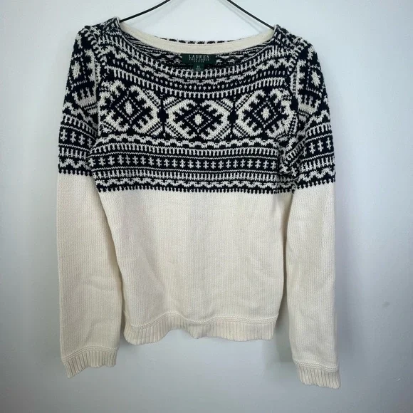 Lauren Ralph Lauren Black and Cream Patterned Sweater petite small - Picture 1 of 7